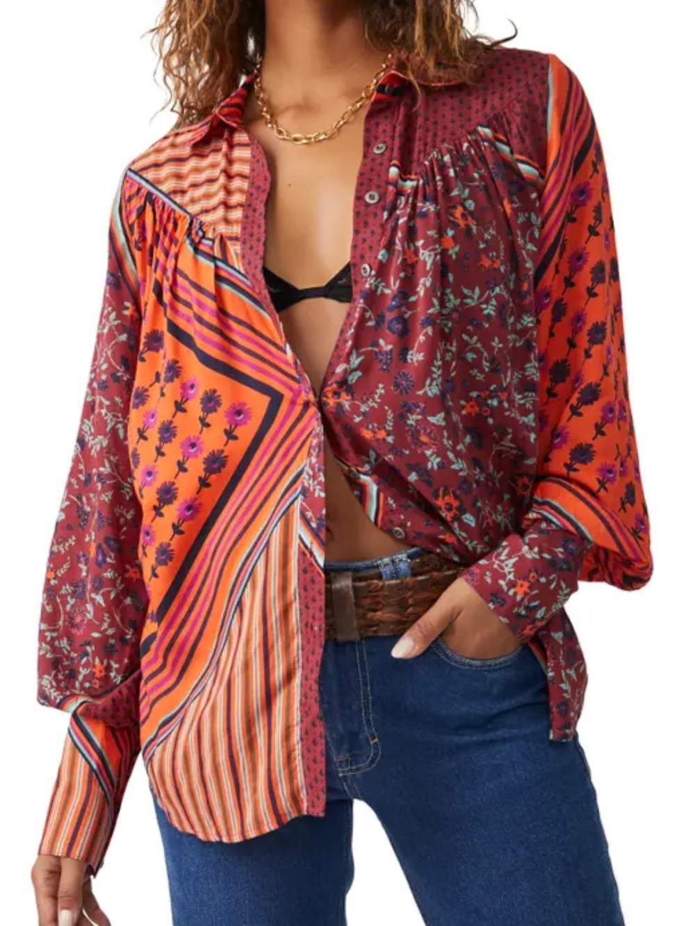Free People Hazel Patchwork Floral Button-Down Shirt